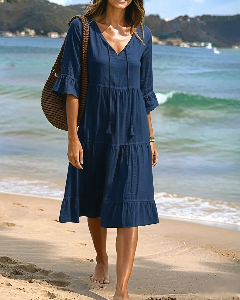Robe Évasée Demi-Manche Nœud À La Taille