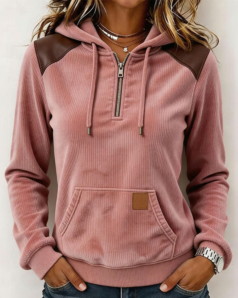 Sweat À Capuche Velours Côtelé Demi-Zip À Capuche