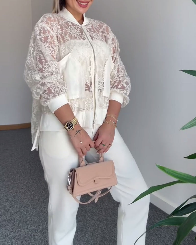 Manteau Dentelle Creuse Couleur Unie