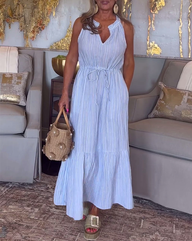 Robe sans manches à cordon de serrage et imprimé rayé