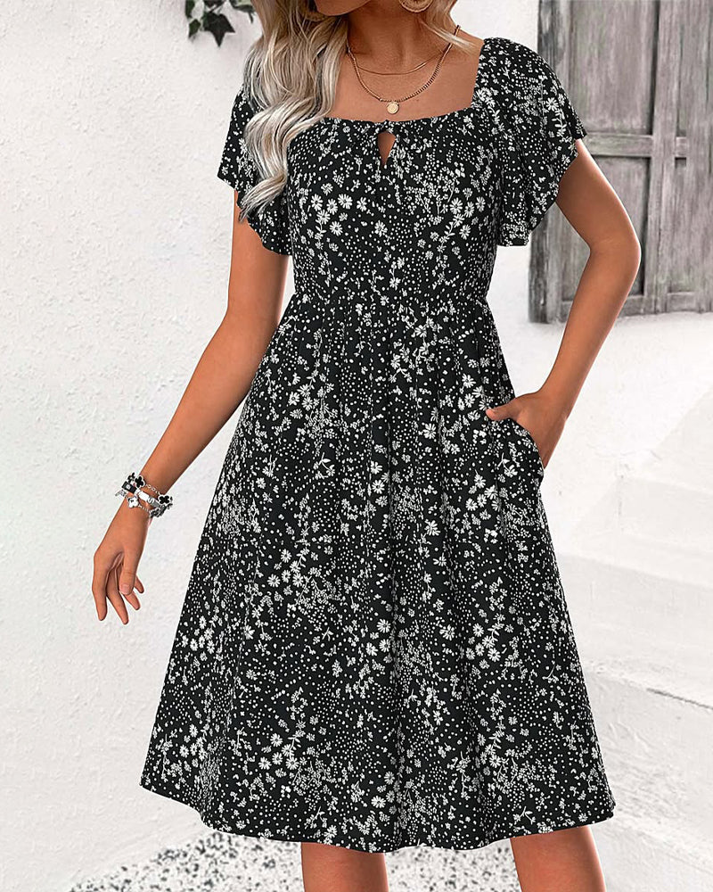 Robe Col Carré Florale A-Ligne