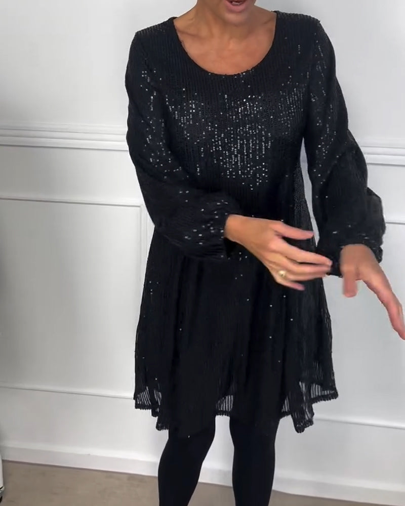 Robe trapèze élégante à manches lanternes et paillettes