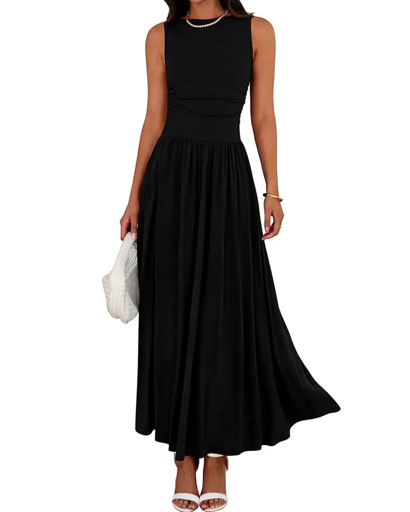 Robe Sans Manches Poche Froncée Longue