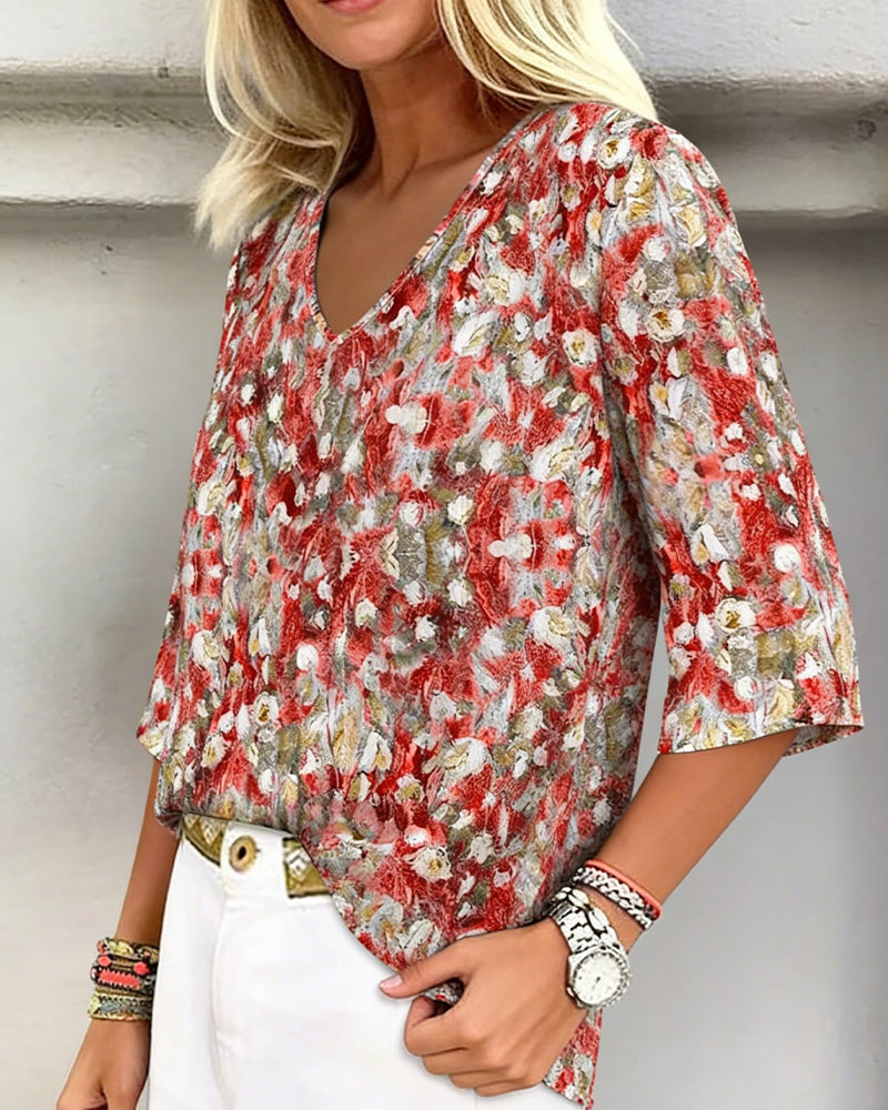 Blouse Imprimé Fleuri Col V Manche Trois-Quarts