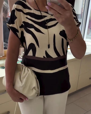 Blouse Col Rond Géométrique Patchwork Manche Courte