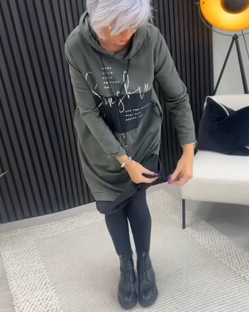 Robe décontractée à capuche avec imprimé lettres en blocs de couleurs et poche