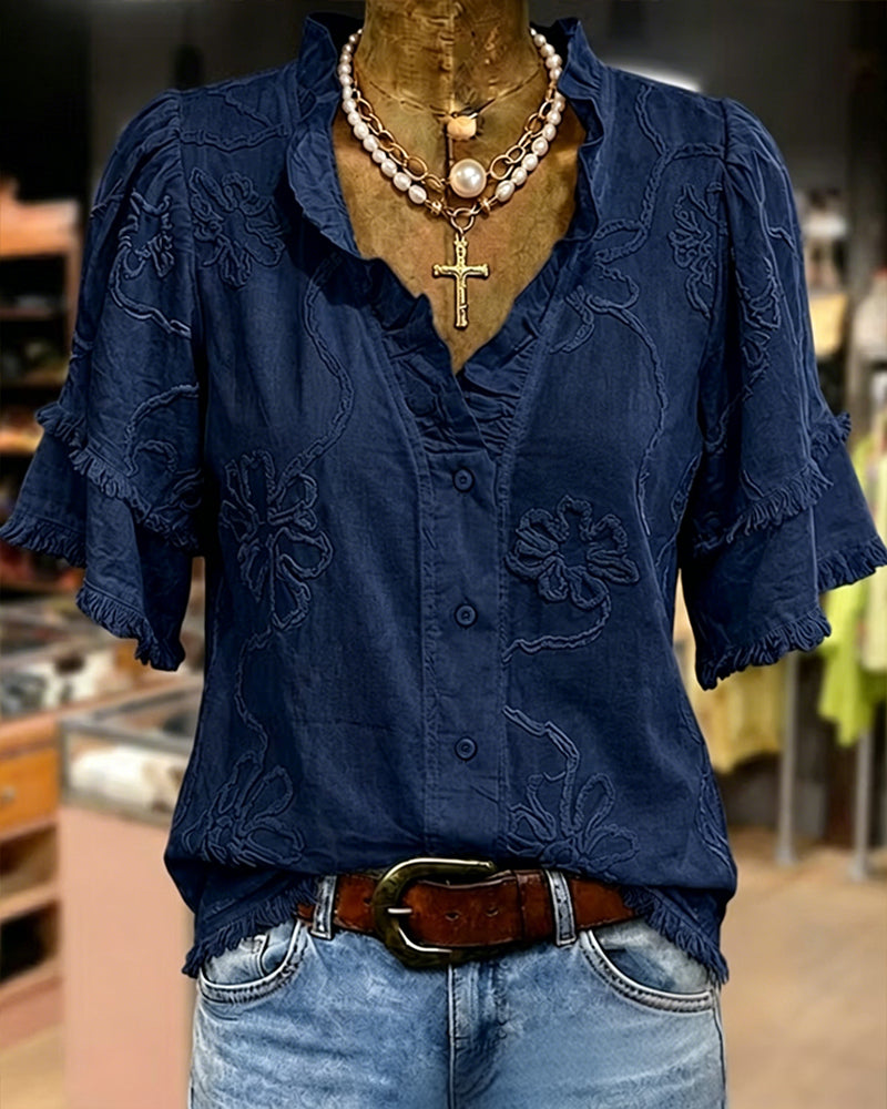 Blouse Ourlet Frangé Manches Bouffantes