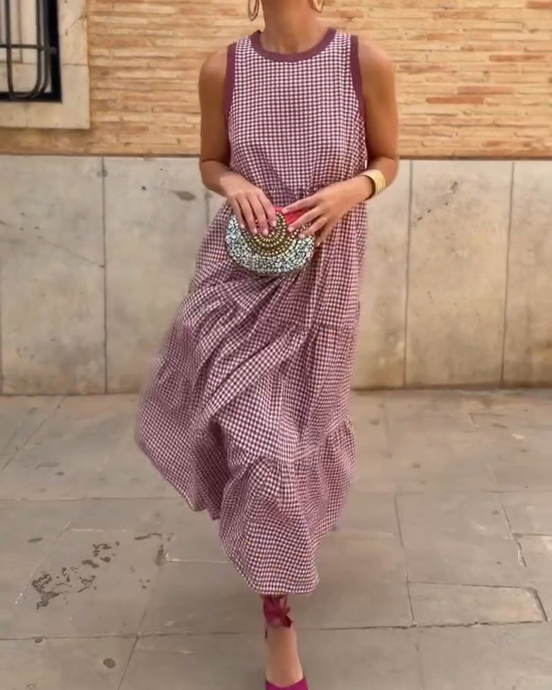 Robe Col Rond Plaid Sans Manches