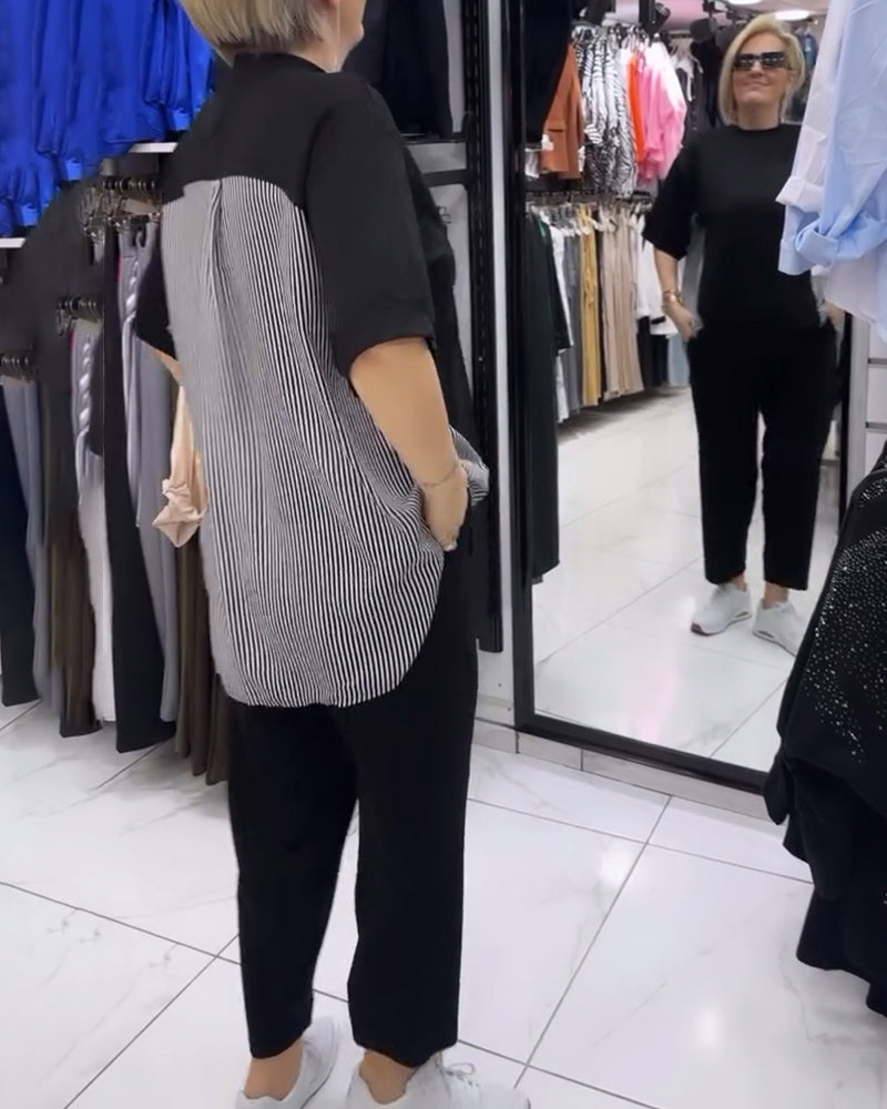 Blouse décontractée patchwork à fines rayures