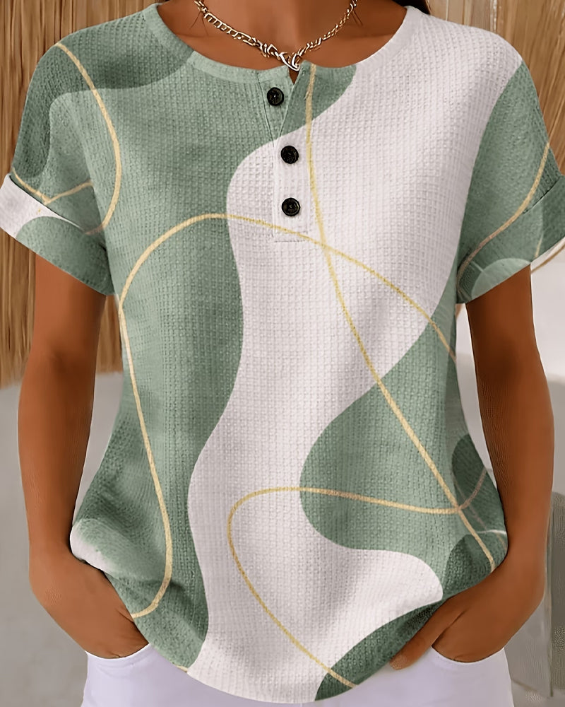 Blouse À Col Rond, Boutons, Lignes Contrastées