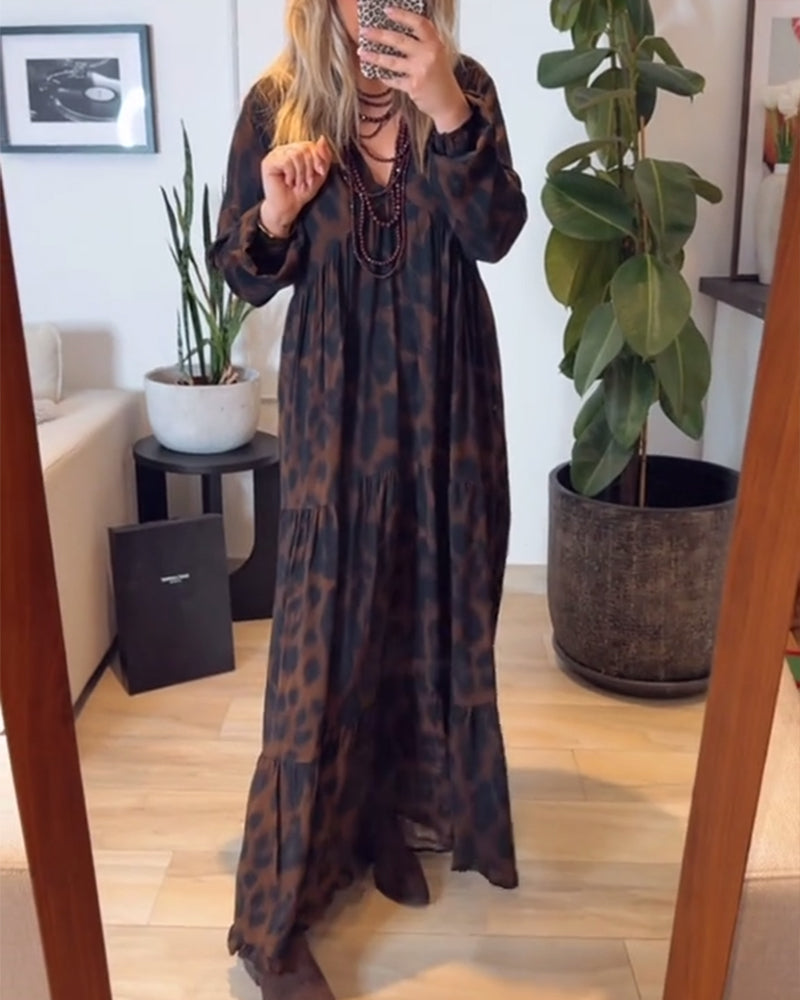 Robe Col V Imprimé Léopard Mode Maxi