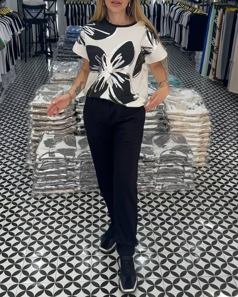 T-shirt décontracté à col rond et imprimé floral