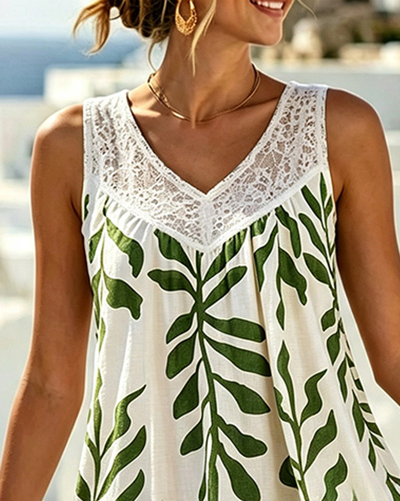 Robe Sans Manches Dentelle Col V Fleuri