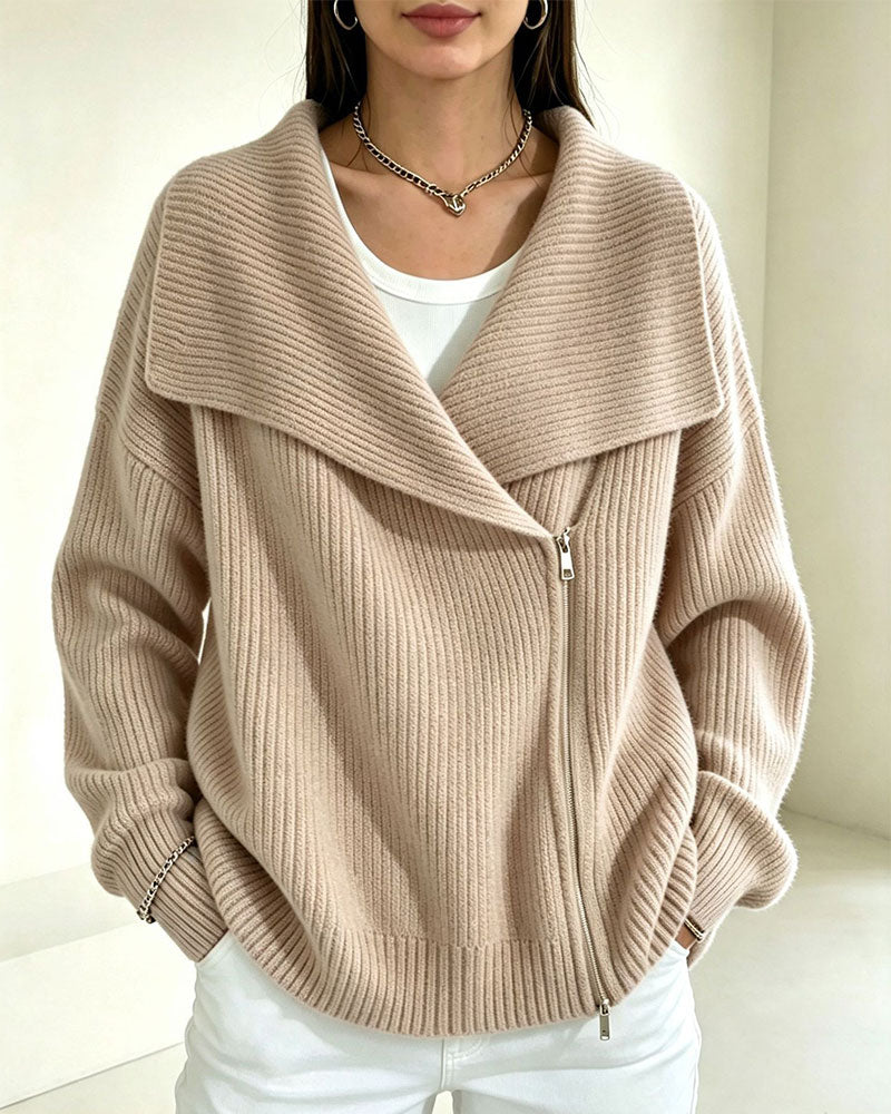Cardigan Grand Revers Fermeture Éclair Diagonale