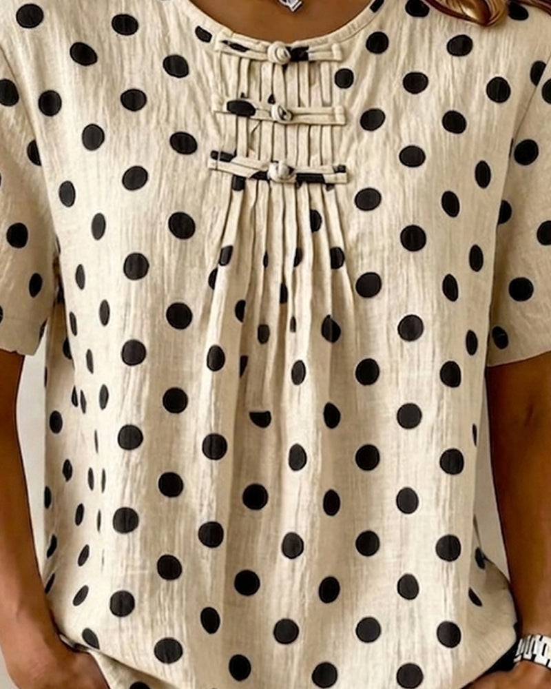 Blouse Polka Dot Bouton Grenouille Manche Courte