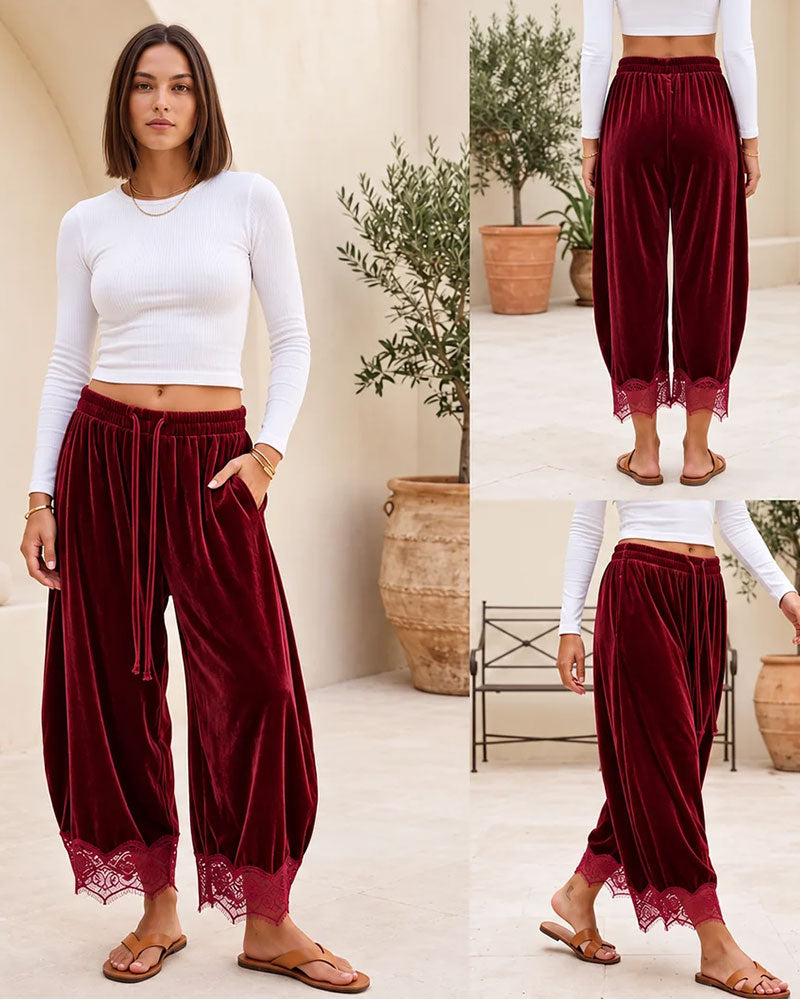 Pantalon Taille Élastique Dentelle Couture Jambe Large