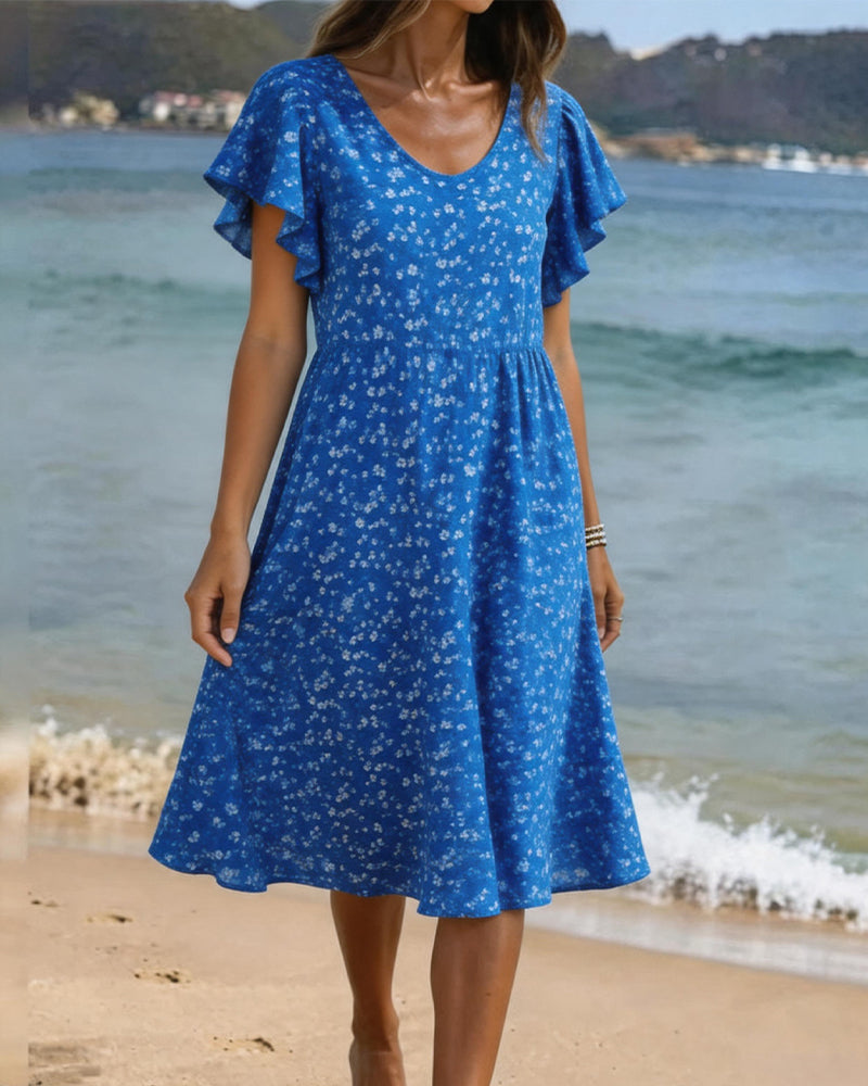 Robe Col U Taille Imprimé Manche Volantée