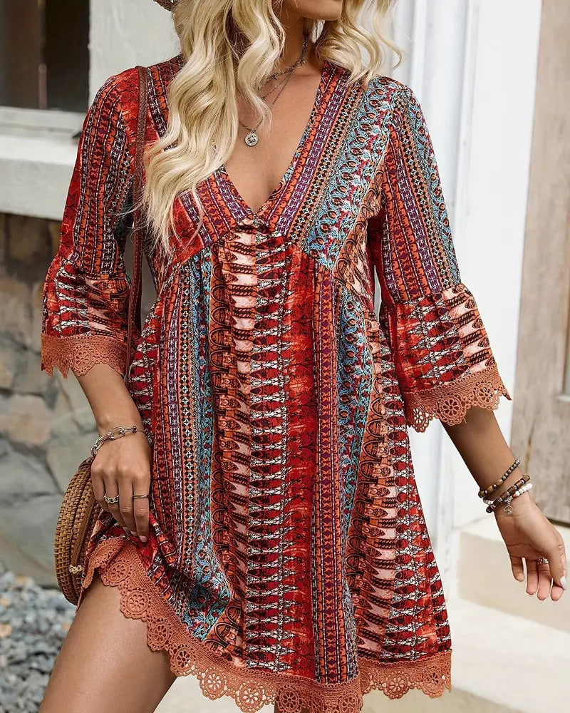 Robe Col En V Dentelle Manches Trois-Quarts