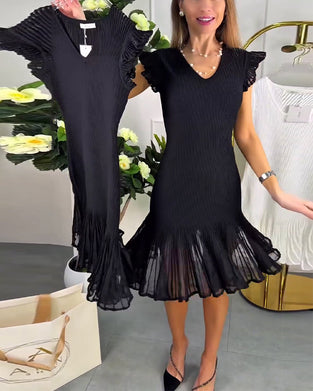 Robe Petites Manches Volant Dentelle Col V