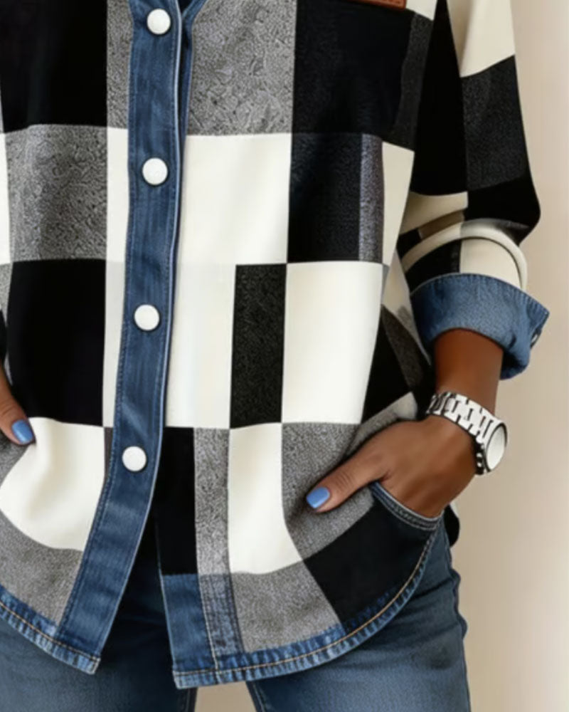 Chemise À Carreaux Bloc De Couleur Denim Patchwork