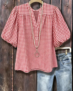 Blouse Imprimé Plaid Manche Bouffante Manches Courtes