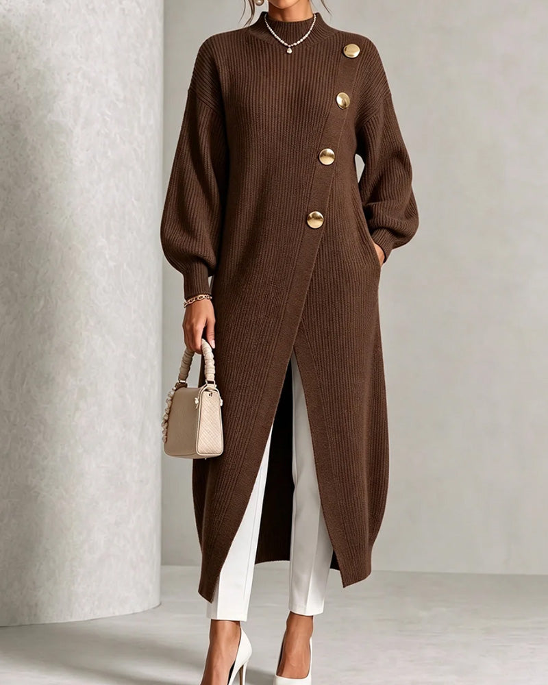 Sweater Dress Bouton Diagonal Fente Manche Lanterne