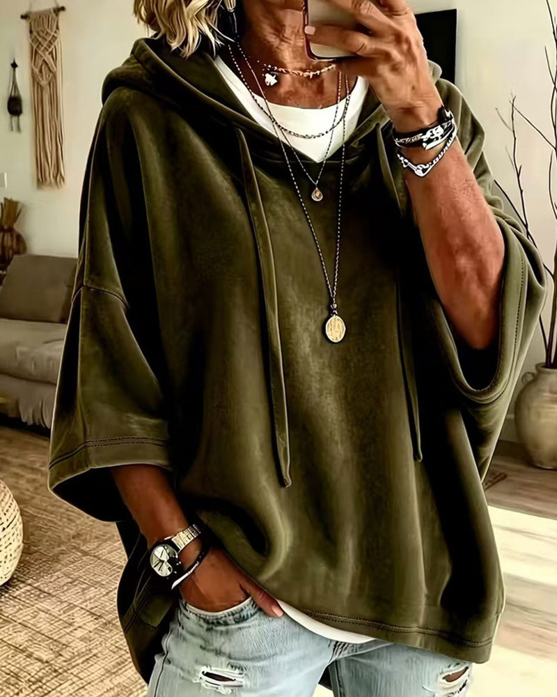 Sweatshirt Manche 3/4 Velours Capuche