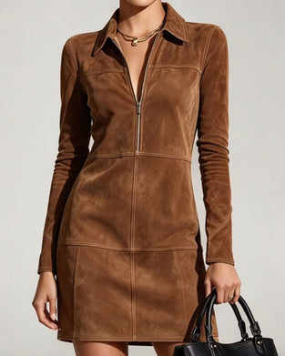 Robe Revers Fermeture Éclair Manches Longues