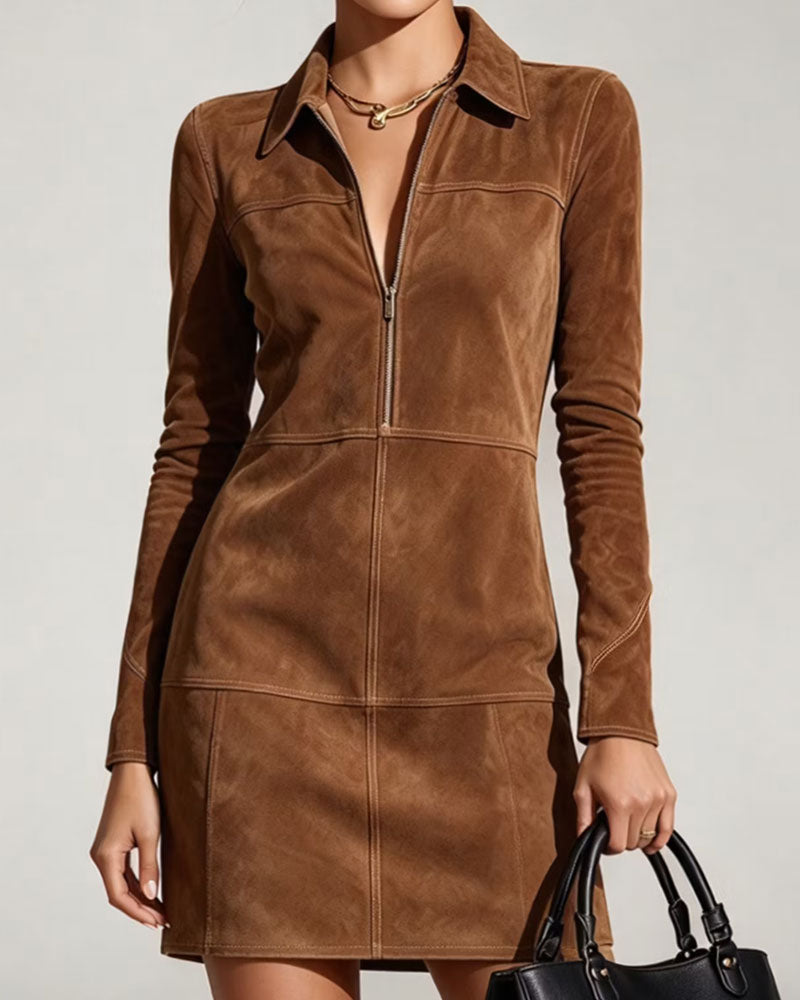 Robe Revers Fermeture Éclair Manches Longues