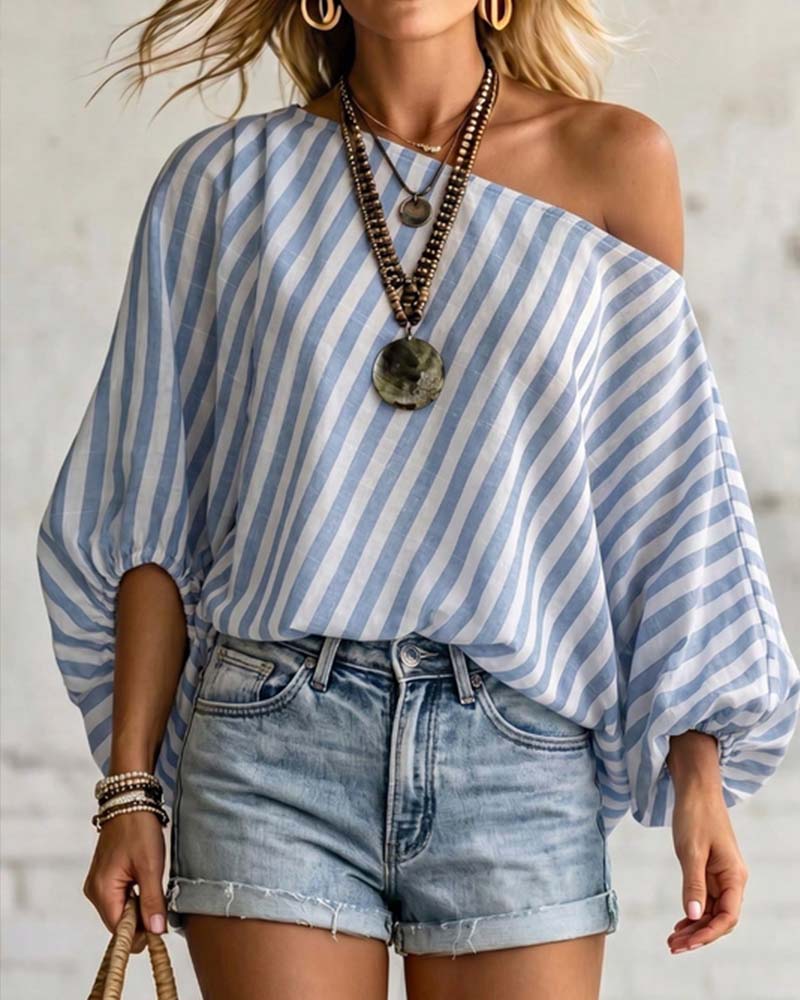 Blouse Col Asymétrique Rayure Manches Ballon