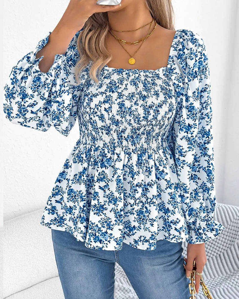 Blouse Col Carré Froncée Fleurie Volant