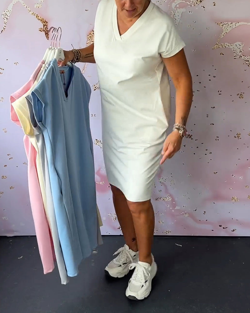 Robe à manches courtes et col en V de couleur unie