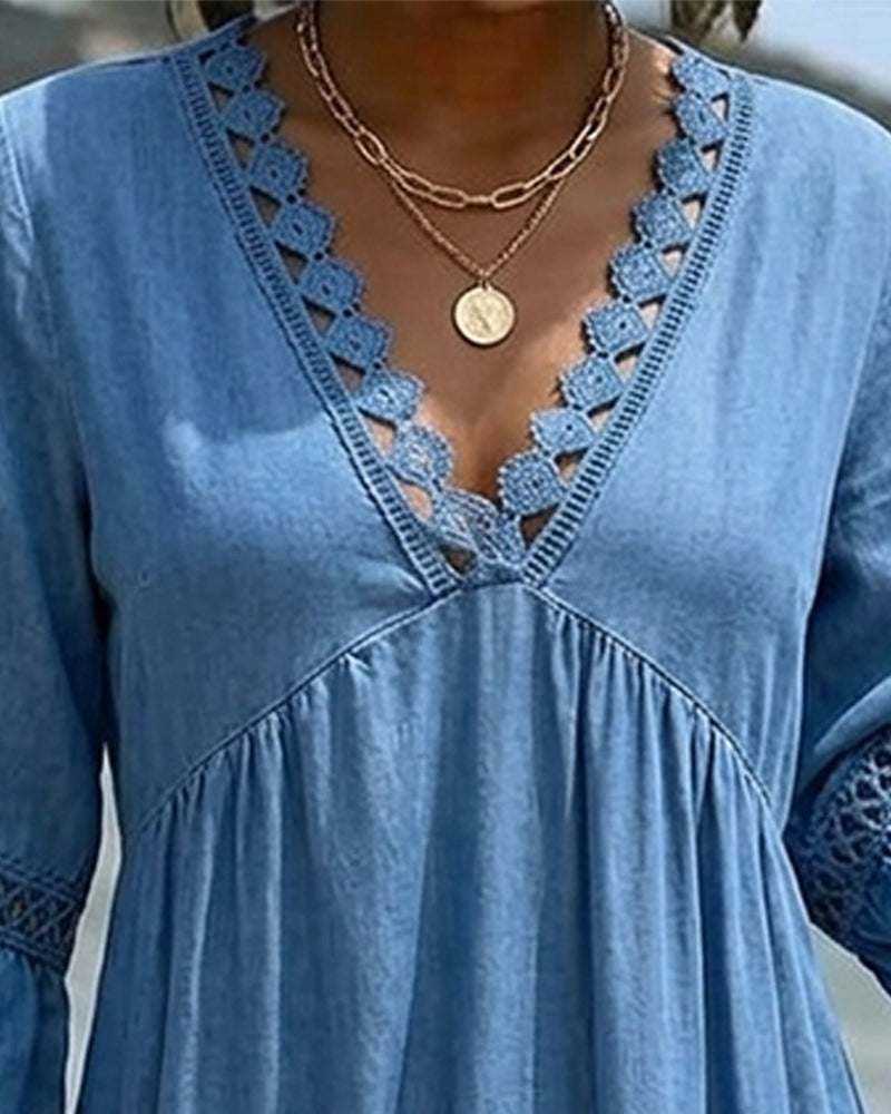 Robe Col En V Manche Évasée Froncée