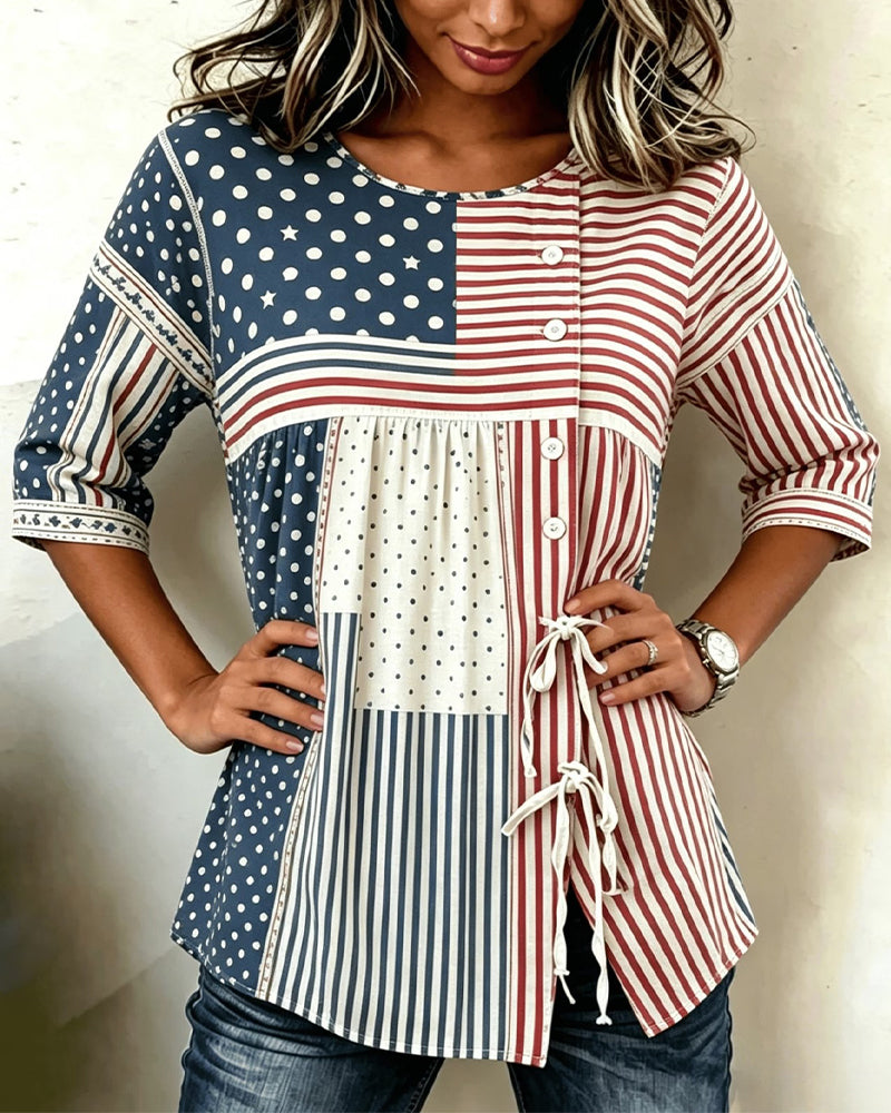 Blouse Drapeau Imprimé Patchwork Cravate