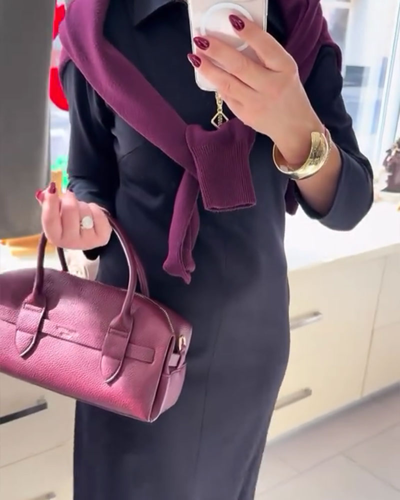 Robe Col Revers Fente Fermeture Éclair Manches Longues