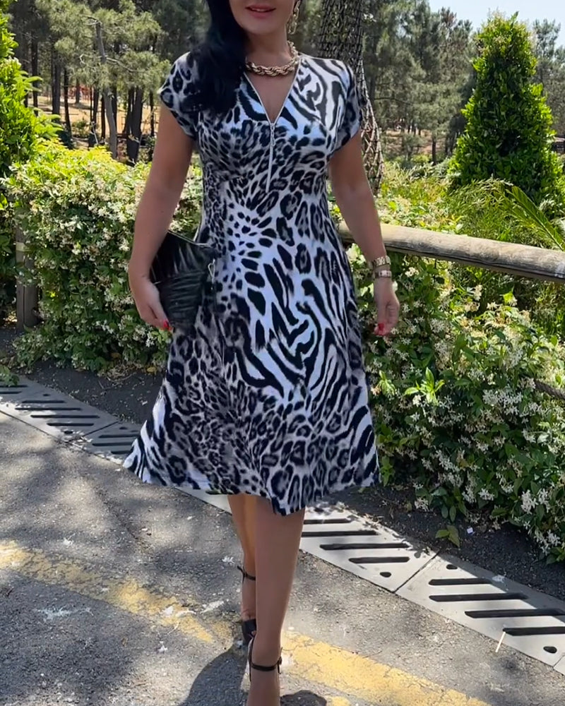 Robe Col V Fermeture Éclair Imprimé Léopard