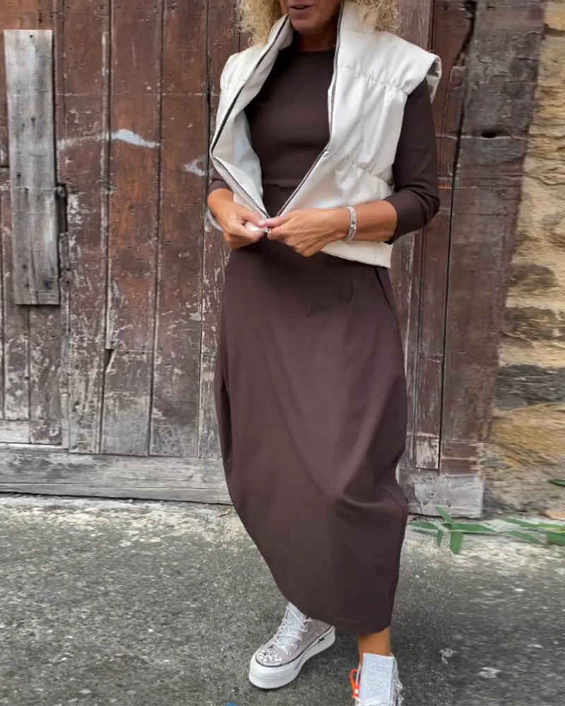 Robe élégante simple à manches longues avec poche de couleur unie