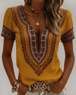 T-Shirt Ethnique Col V Manche Courte