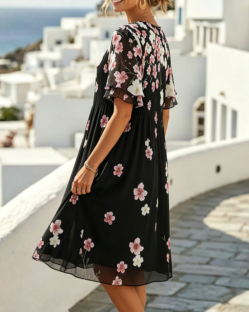 Robe Volant Manche-Courte Florale Plissée