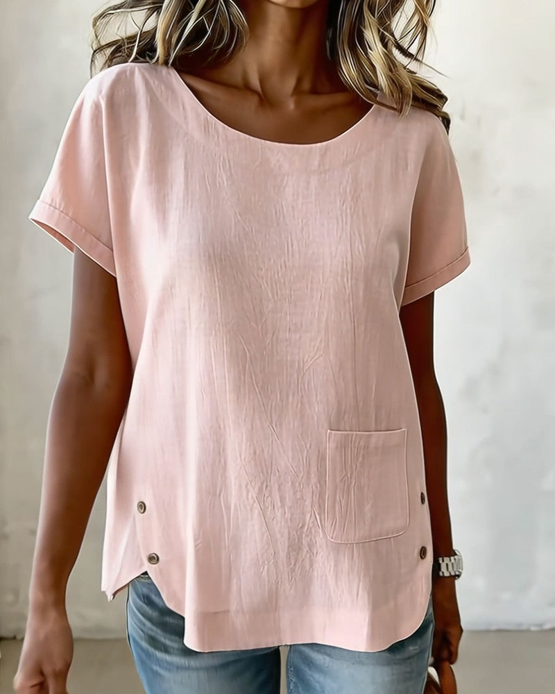 T-Shirt Coton Lin Bouton Détail Manche Courte