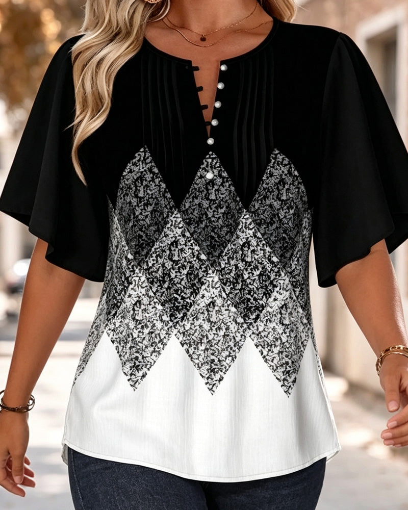T-Shirt Col En V À Imprimé Dégradé Damier Diamant