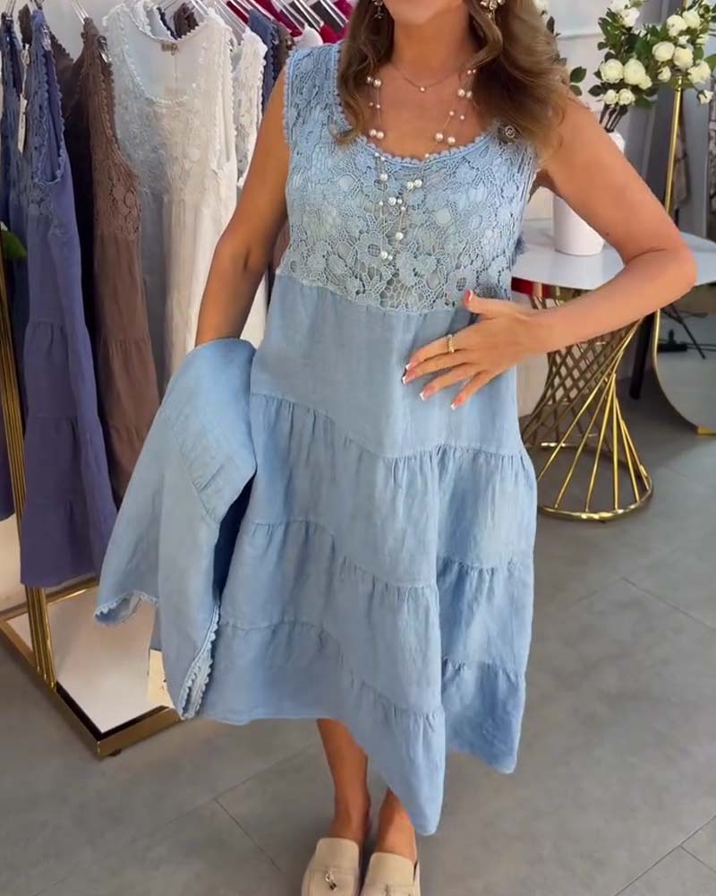Robe Col Rond Sans Manches Dentelle Superposée