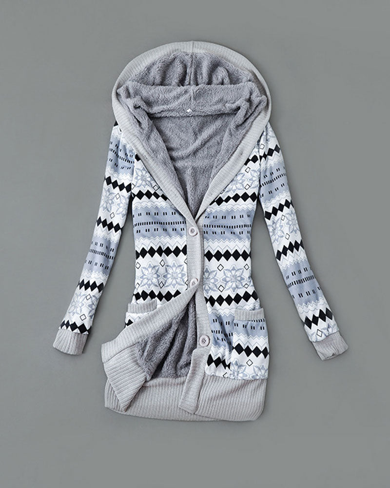 Manteau Imprimé À Capuche Boutonné