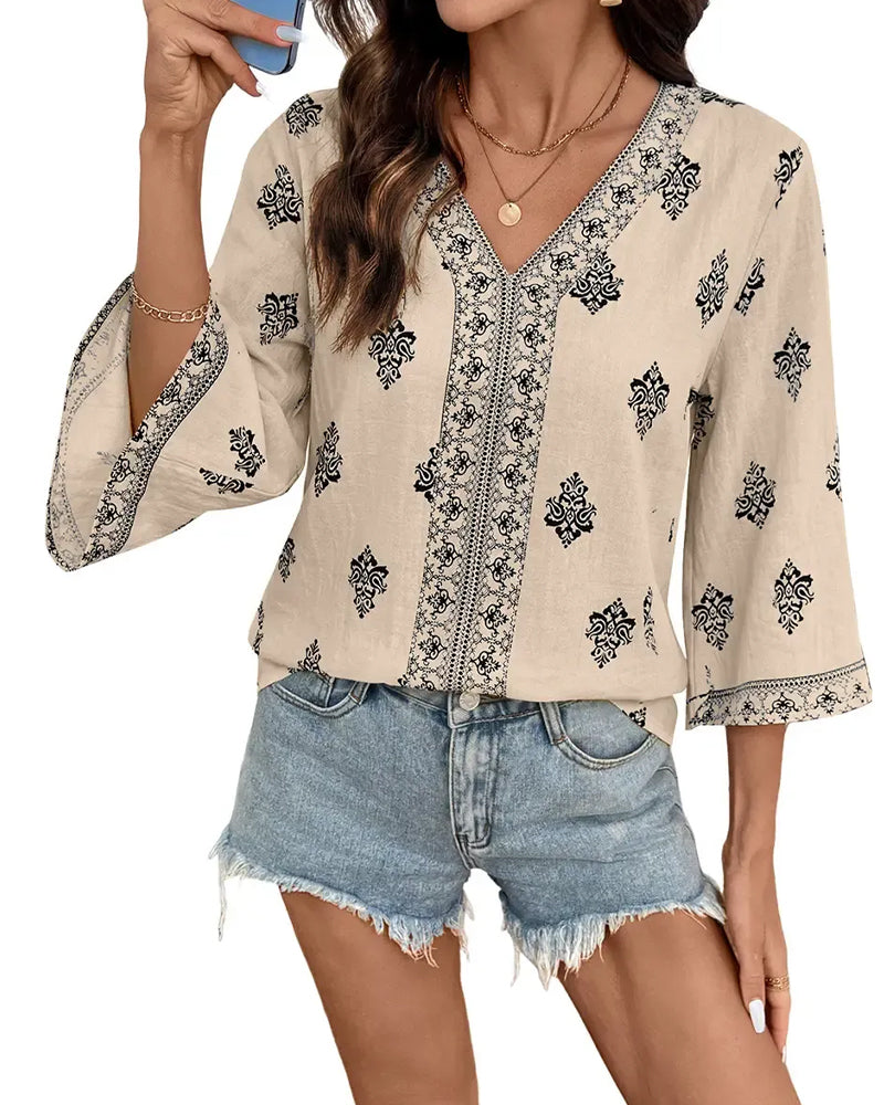 Blouse Col En V Ethnique Lâche