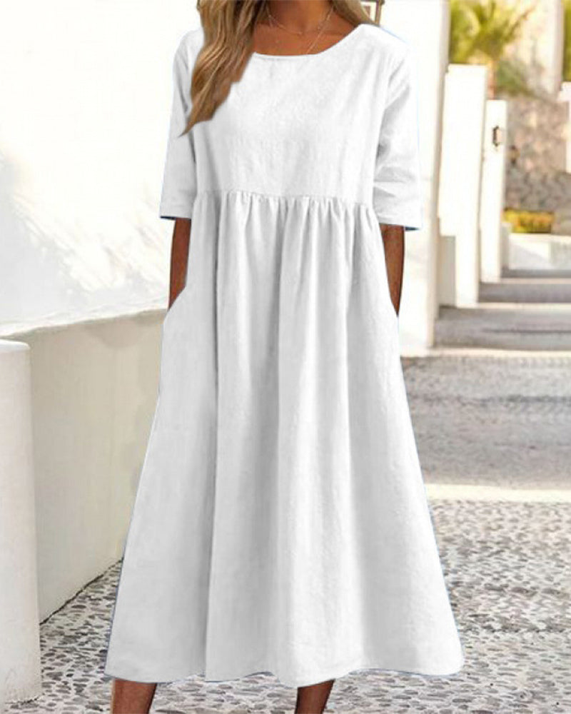 Robe Manches Courtes Poche Froncée
