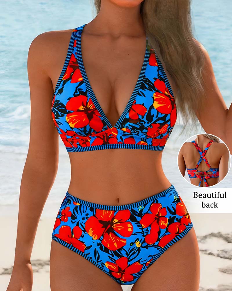 Bikini Florale Deep-V Taille-Haute