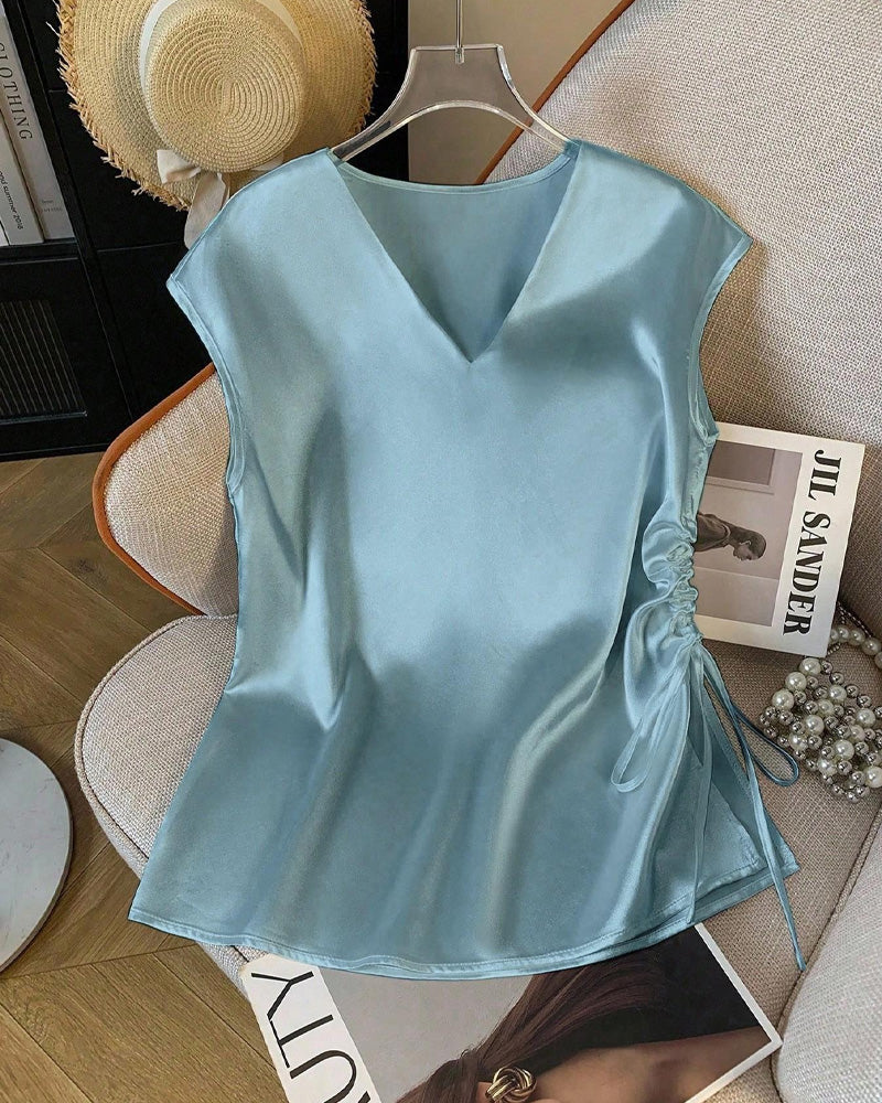 Blouse Sans Manches Col V À Cordon