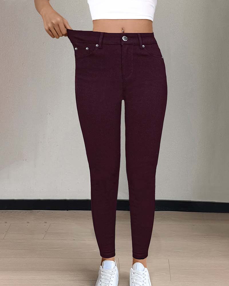 Pantalon Femmes Poche Unie Slim Décontracté