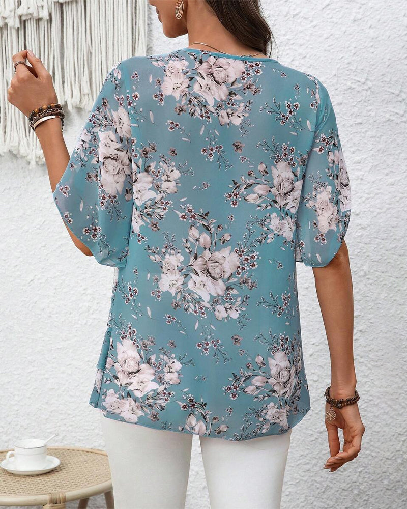 Blouse Manches Pétales Col En V Imprimée