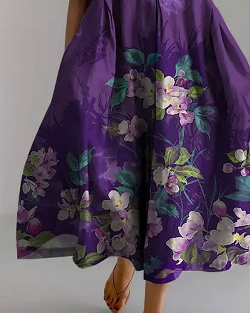 Robe Col Rond Violet Florale